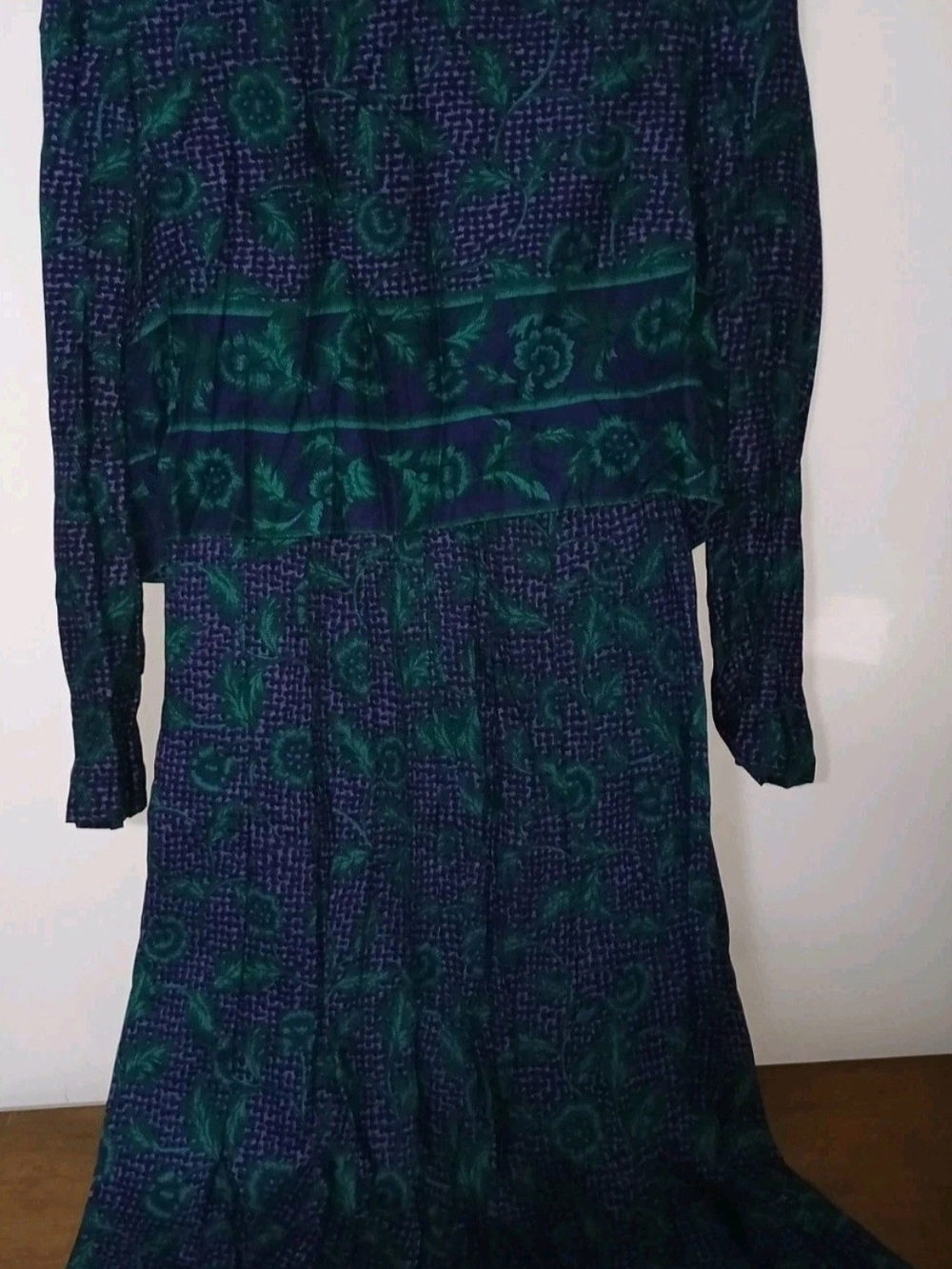 Vintage Long Sleeve Navy & Teal Floral Maxi Dress